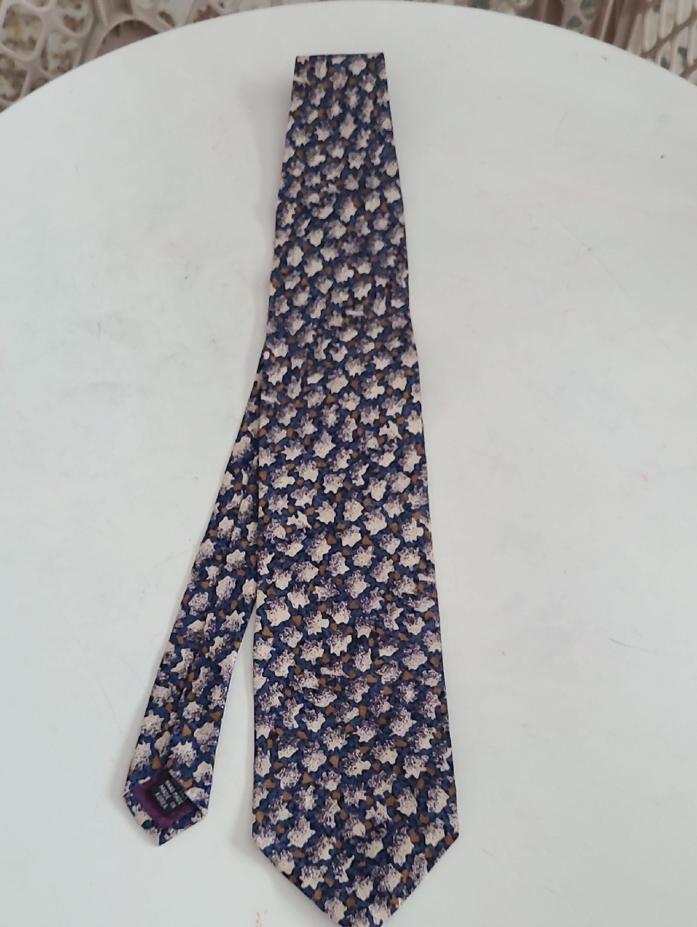 Men's Navy and Brown Pattern Tie with Cream Accents. Handmade 100% Silk